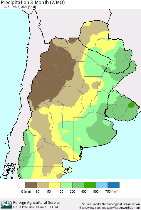 Southern South America Precipitation 3-Month (WMO) Thematic Map For 7/6/2021 - 10/5/2021