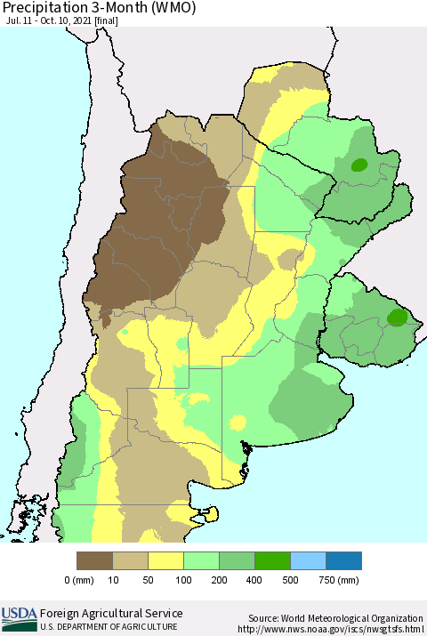 Southern South America Precipitation 3-Month (WMO) Thematic Map For 7/11/2021 - 10/10/2021