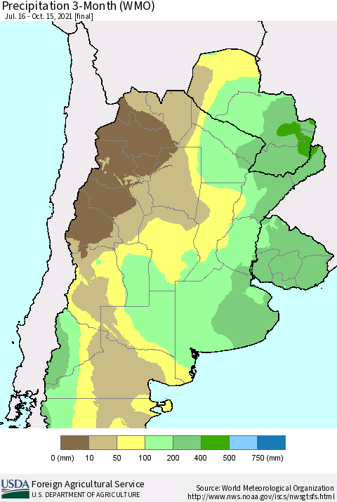 Southern South America Precipitation 3-Month (WMO) Thematic Map For 7/16/2021 - 10/15/2021
