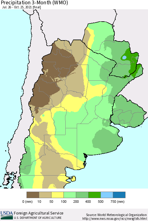 Southern South America Precipitation 3-Month (WMO) Thematic Map For 7/26/2021 - 10/25/2021