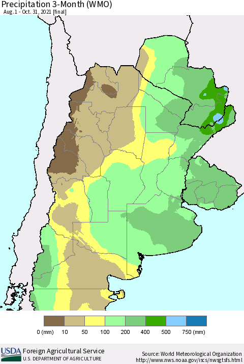 Southern South America Precipitation 3-Month (WMO) Thematic Map For 8/1/2021 - 10/31/2021