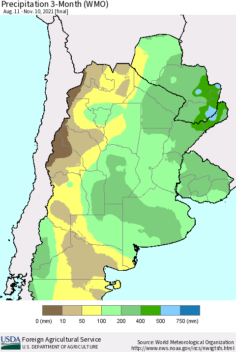 Southern South America Precipitation 3-Month (WMO) Thematic Map For 8/11/2021 - 11/10/2021