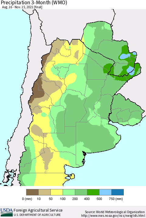 Southern South America Precipitation 3-Month (WMO) Thematic Map For 8/16/2021 - 11/15/2021