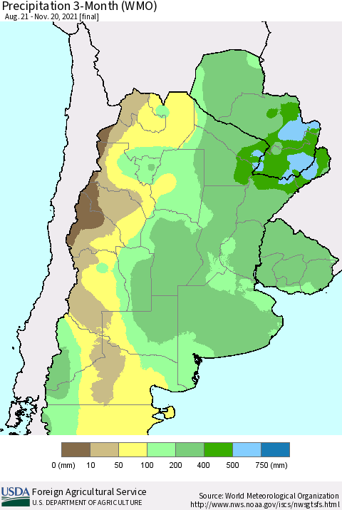Southern South America Precipitation 3-Month (WMO) Thematic Map For 8/21/2021 - 11/20/2021