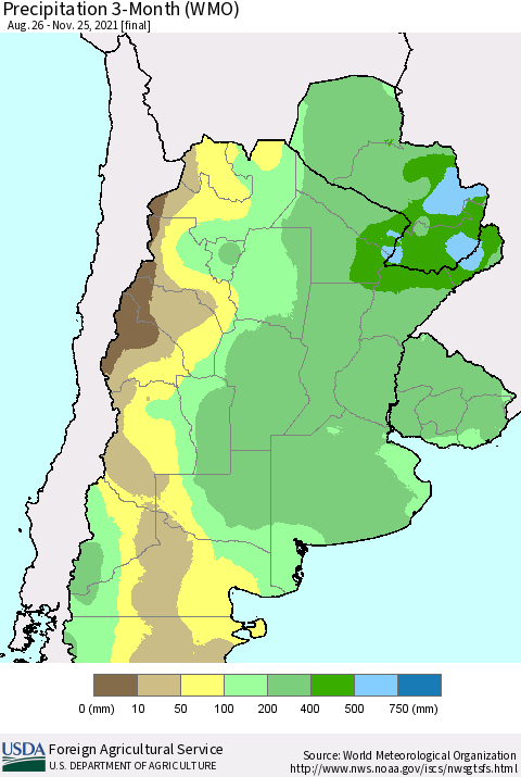 Southern South America Precipitation 3-Month (WMO) Thematic Map For 8/26/2021 - 11/25/2021