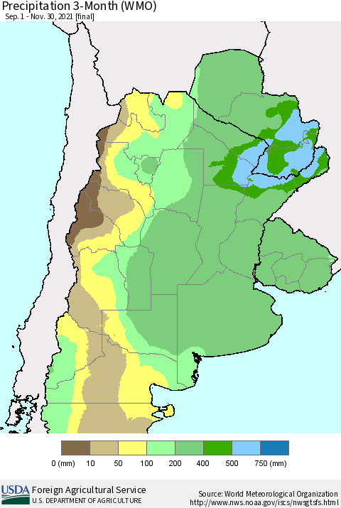 Southern South America Precipitation 3-Month (WMO) Thematic Map For 9/1/2021 - 11/30/2021