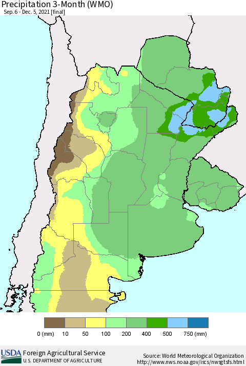 Southern South America Precipitation 3-Month (WMO) Thematic Map For 9/6/2021 - 12/5/2021