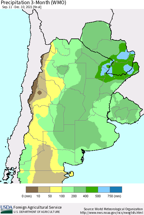Southern South America Precipitation 3-Month (WMO) Thematic Map For 9/11/2021 - 12/10/2021