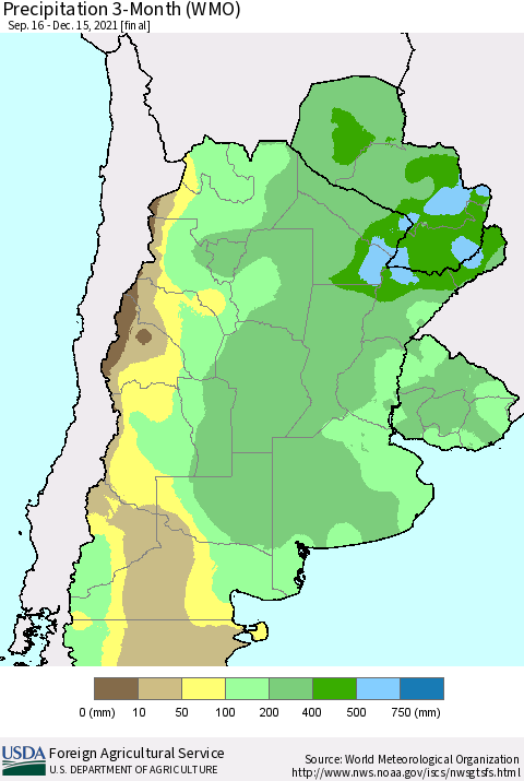 Southern South America Precipitation 3-Month (WMO) Thematic Map For 9/16/2021 - 12/15/2021