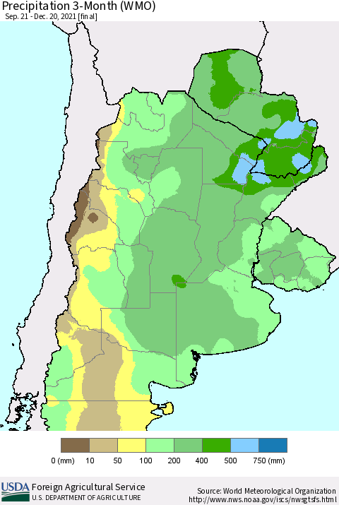 Southern South America Precipitation 3-Month (WMO) Thematic Map For 9/21/2021 - 12/20/2021