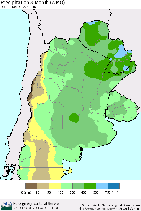 Southern South America Precipitation 3-Month (WMO) Thematic Map For 10/1/2021 - 12/31/2021