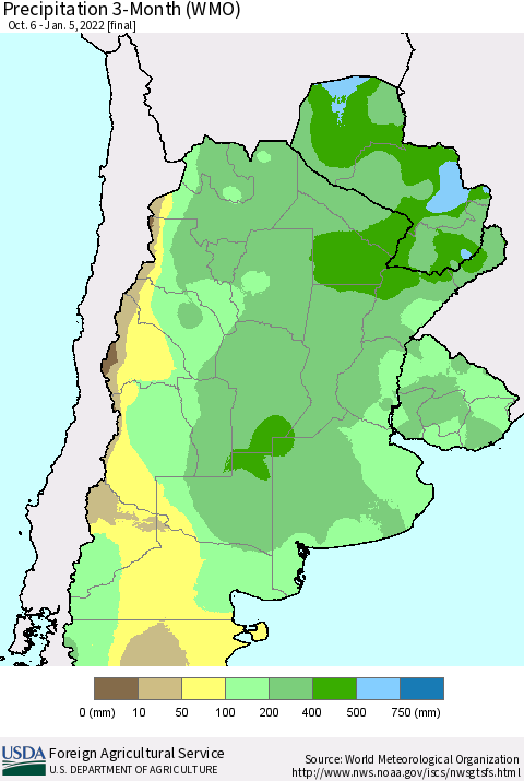 Southern South America Precipitation 3-Month (WMO) Thematic Map For 10/6/2021 - 1/5/2022