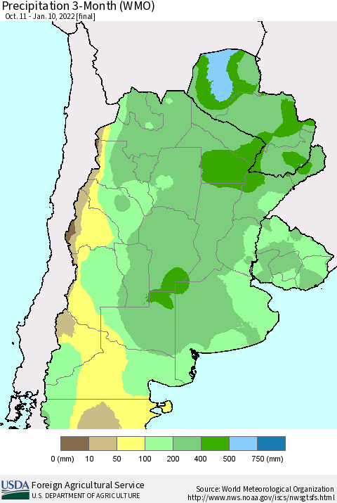 Southern South America Precipitation 3-Month (WMO) Thematic Map For 10/11/2021 - 1/10/2022