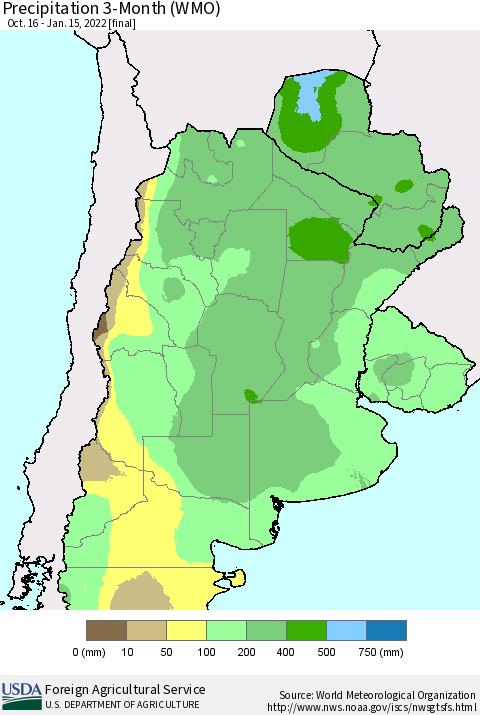 Southern South America Precipitation 3-Month (WMO) Thematic Map For 10/16/2021 - 1/15/2022
