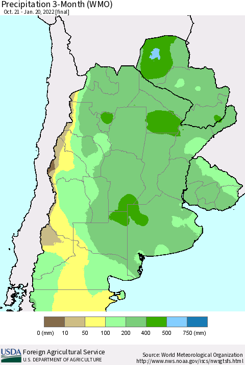 Southern South America Precipitation 3-Month (WMO) Thematic Map For 10/21/2021 - 1/20/2022