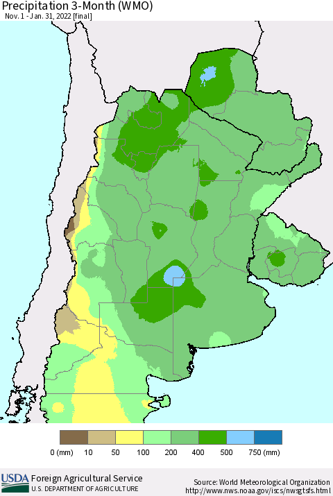 Southern South America Precipitation 3-Month (WMO) Thematic Map For 11/1/2021 - 1/31/2022