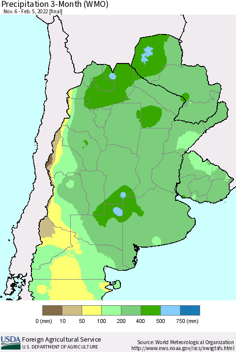 Southern South America Precipitation 3-Month (WMO) Thematic Map For 11/6/2021 - 2/5/2022