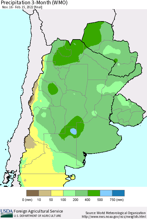 Southern South America Precipitation 3-Month (WMO) Thematic Map For 11/16/2021 - 2/15/2022