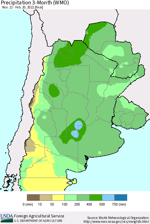 Southern South America Precipitation 3-Month (WMO) Thematic Map For 11/21/2021 - 2/20/2022
