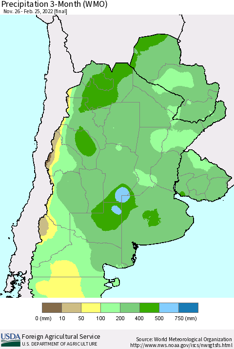 Southern South America Precipitation 3-Month (WMO) Thematic Map For 11/26/2021 - 2/25/2022