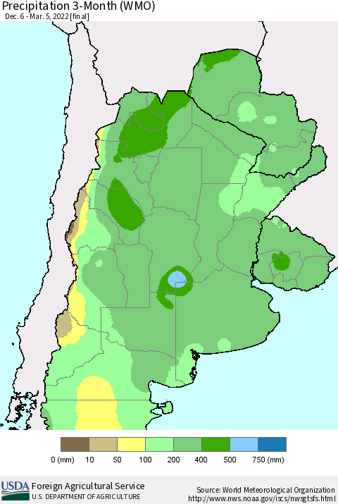 Southern South America Precipitation 3-Month (WMO) Thematic Map For 12/6/2021 - 3/5/2022
