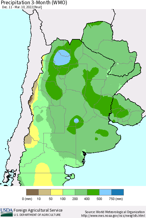 Southern South America Precipitation 3-Month (WMO) Thematic Map For 12/11/2021 - 3/10/2022
