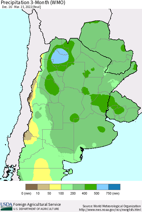 Southern South America Precipitation 3-Month (WMO) Thematic Map For 12/16/2021 - 3/15/2022
