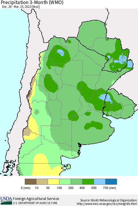 Southern South America Precipitation 3-Month (WMO) Thematic Map For 12/26/2021 - 3/25/2022
