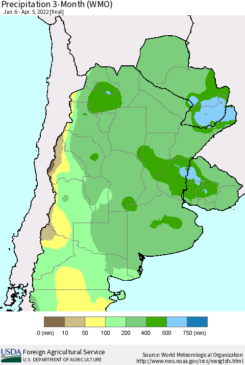 Southern South America Precipitation 3-Month (WMO) Thematic Map For 1/6/2022 - 4/5/2022