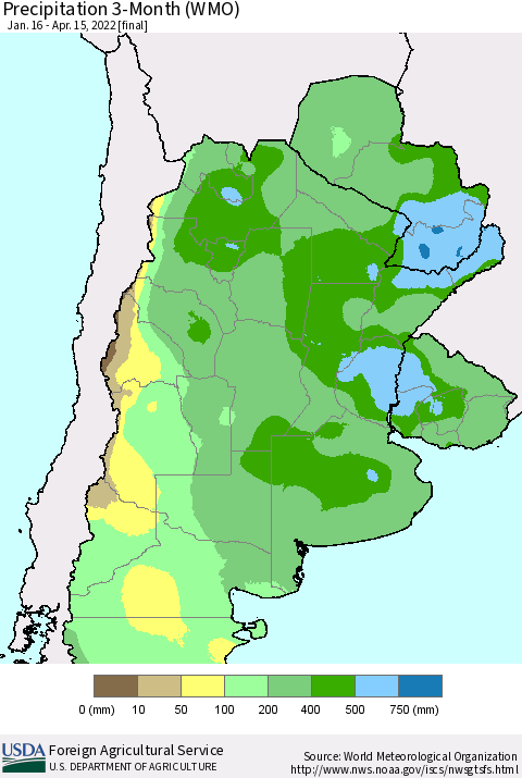 Southern South America Precipitation 3-Month (WMO) Thematic Map For 1/16/2022 - 4/15/2022