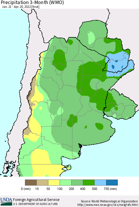 Southern South America Precipitation 3-Month (WMO) Thematic Map For 1/21/2022 - 4/20/2022