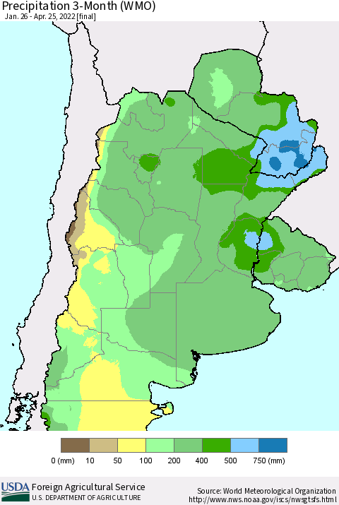 Southern South America Precipitation 3-Month (WMO) Thematic Map For 1/26/2022 - 4/25/2022