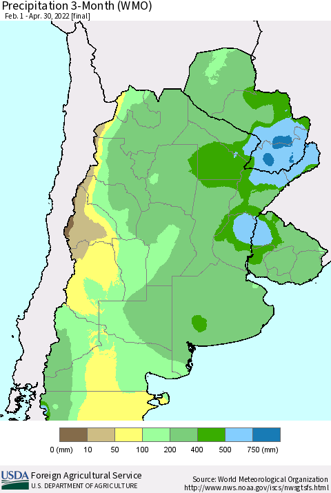 Southern South America Precipitation 3-Month (WMO) Thematic Map For 2/1/2022 - 4/30/2022