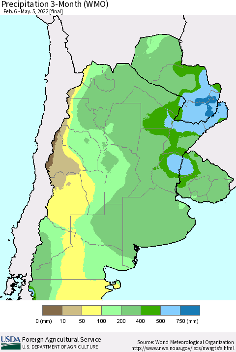 Southern South America Precipitation 3-Month (WMO) Thematic Map For 2/6/2022 - 5/5/2022