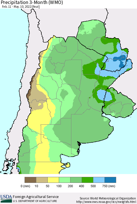Southern South America Precipitation 3-Month (WMO) Thematic Map For 2/11/2022 - 5/10/2022