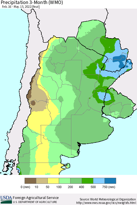 Southern South America Precipitation 3-Month (WMO) Thematic Map For 2/16/2022 - 5/15/2022