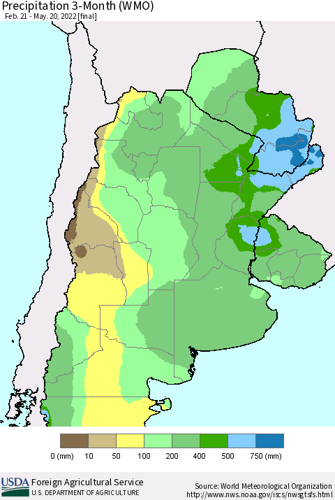 Southern South America Precipitation 3-Month (WMO) Thematic Map For 2/21/2022 - 5/20/2022