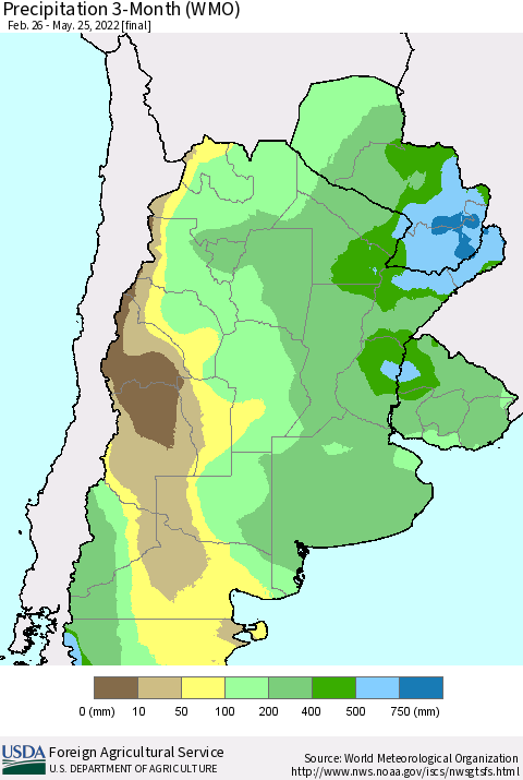 Southern South America Precipitation 3-Month (WMO) Thematic Map For 2/26/2022 - 5/25/2022