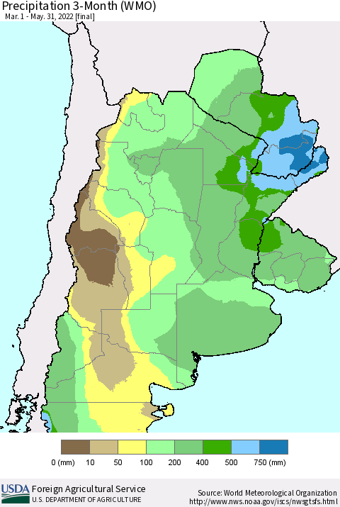 Southern South America Precipitation 3-Month (WMO) Thematic Map For 3/1/2022 - 5/31/2022