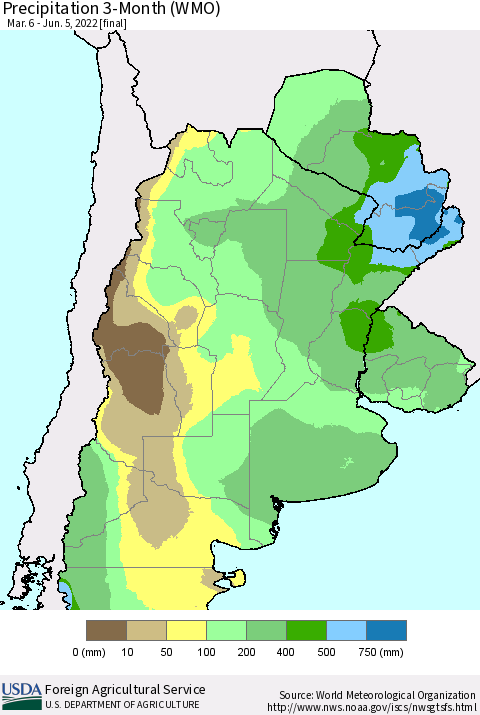 Southern South America Precipitation 3-Month (WMO) Thematic Map For 3/6/2022 - 6/5/2022