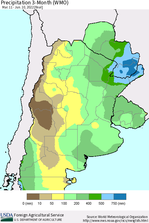 Southern South America Precipitation 3-Month (WMO) Thematic Map For 3/11/2022 - 6/10/2022