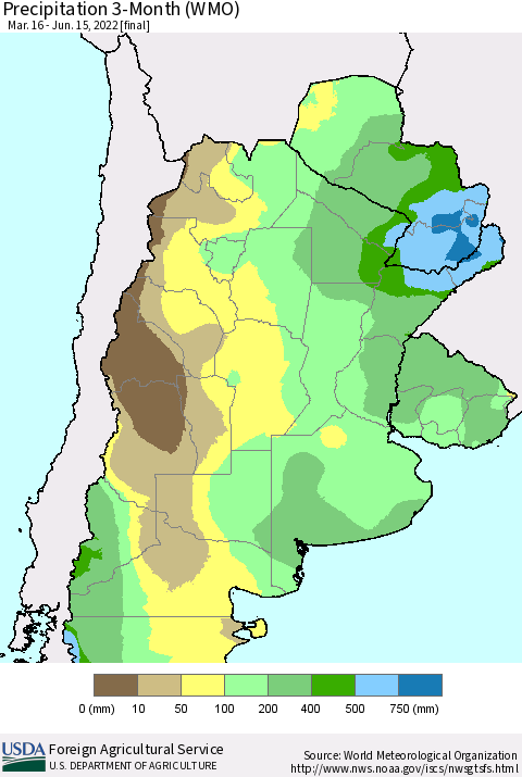 Southern South America Precipitation 3-Month (WMO) Thematic Map For 3/16/2022 - 6/15/2022