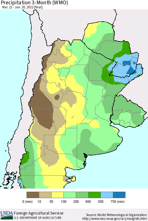 Southern South America Precipitation 3-Month (WMO) Thematic Map For 3/21/2022 - 6/20/2022
