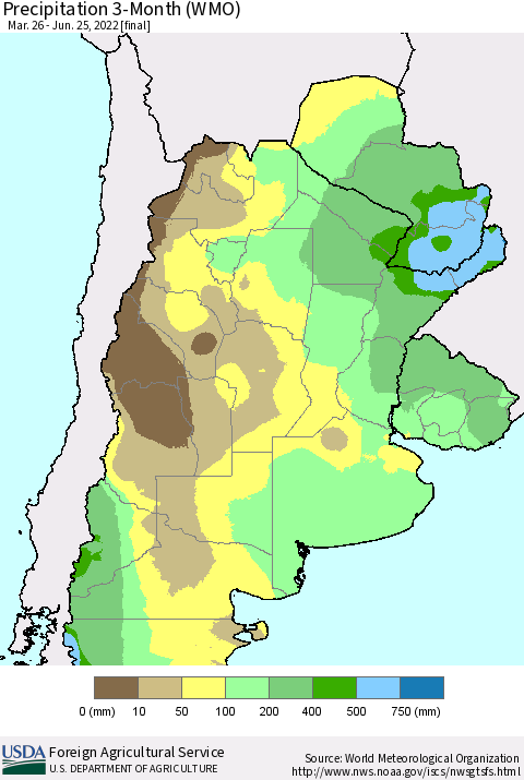 Southern South America Precipitation 3-Month (WMO) Thematic Map For 3/26/2022 - 6/25/2022