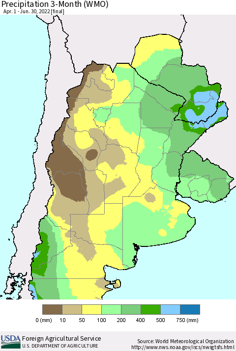 Southern South America Precipitation 3-Month (WMO) Thematic Map For 4/1/2022 - 6/30/2022