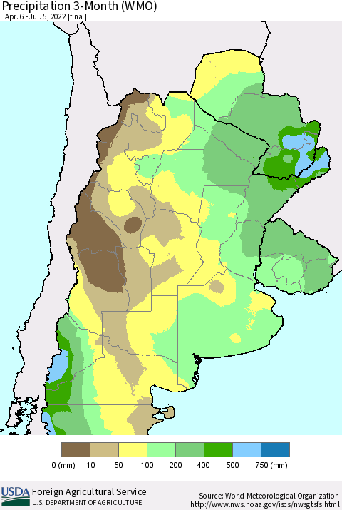 Southern South America Precipitation 3-Month (WMO) Thematic Map For 4/6/2022 - 7/5/2022