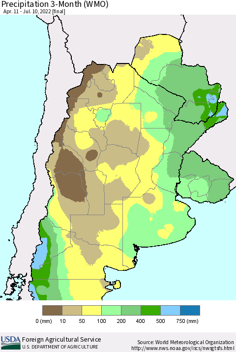 Southern South America Precipitation 3-Month (WMO) Thematic Map For 4/11/2022 - 7/10/2022