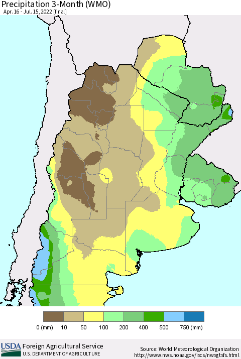 Southern South America Precipitation 3-Month (WMO) Thematic Map For 4/16/2022 - 7/15/2022