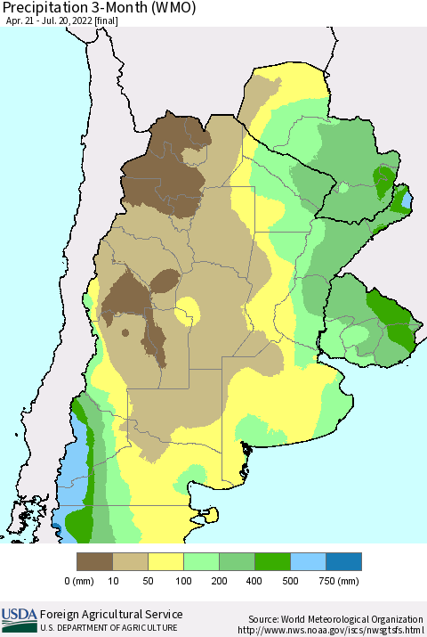 Southern South America Precipitation 3-Month (WMO) Thematic Map For 4/21/2022 - 7/20/2022