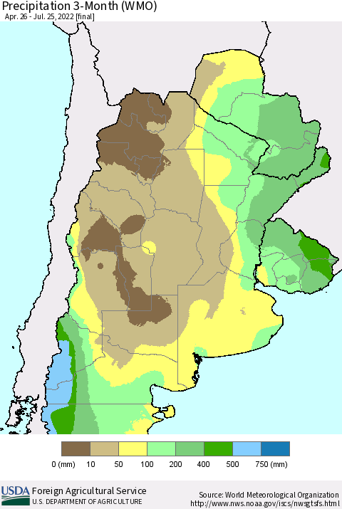 Southern South America Precipitation 3-Month (WMO) Thematic Map For 4/26/2022 - 7/25/2022